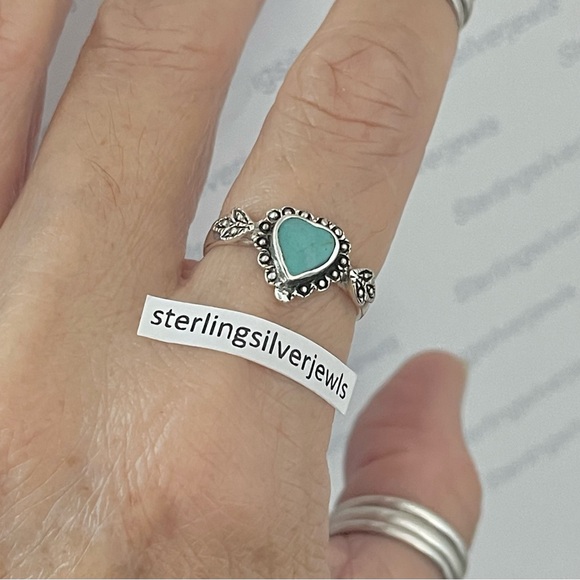 Sterling Silver Victorian Heart Synthetic Turquoise Ring, Love Silver Rings - Picture 7 of 13